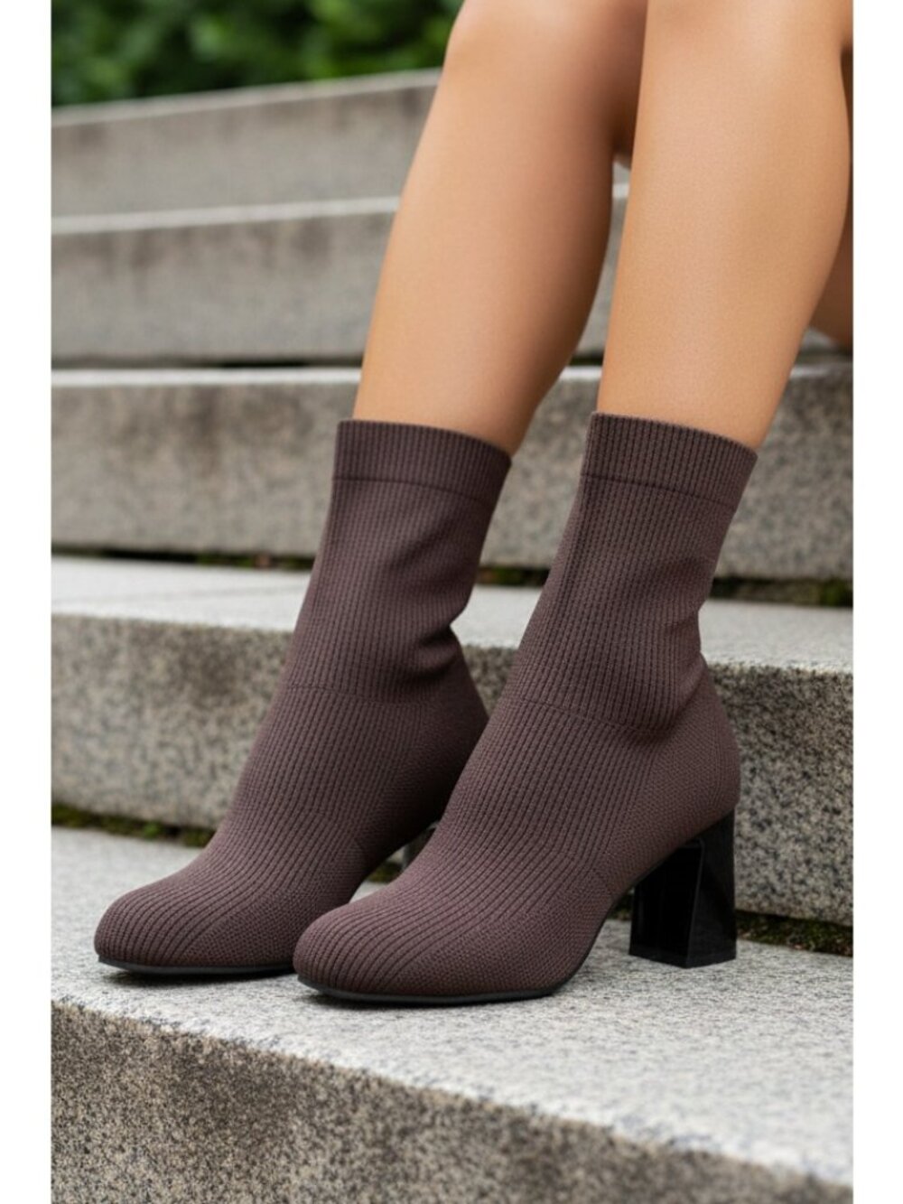 Ribbed Knit Sock Booties Slip-on Round Toe Metallic Block Heel Ankle Boots